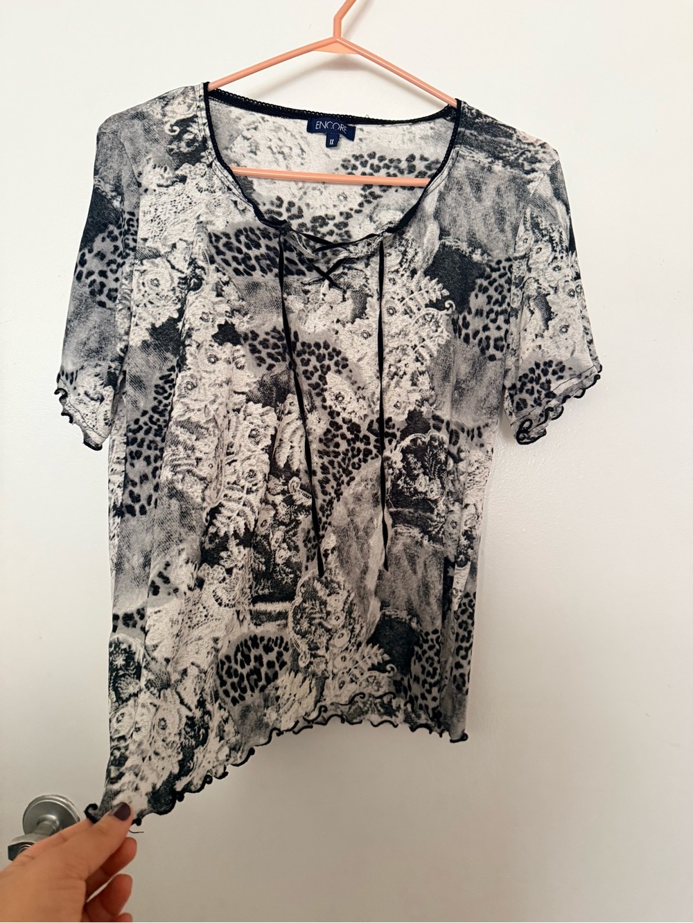 Encore Jeans Black & White Lace-Print Short Sleeve Tie-Neck Top